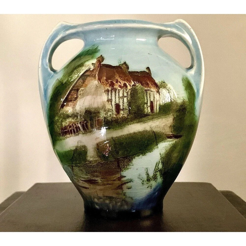 Antique Hand Painted Twin Handled Urn Vase English Cottage Landscape Ceramic 4